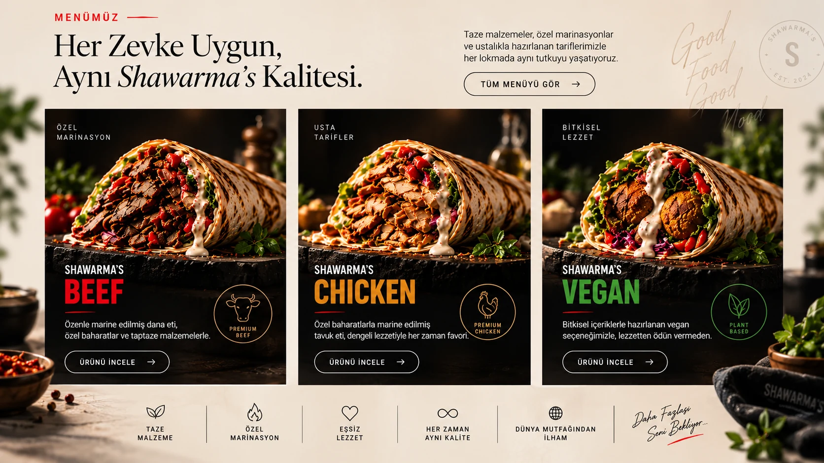 Shawarma's menü – Beef Chicken ve Vegan shawarma