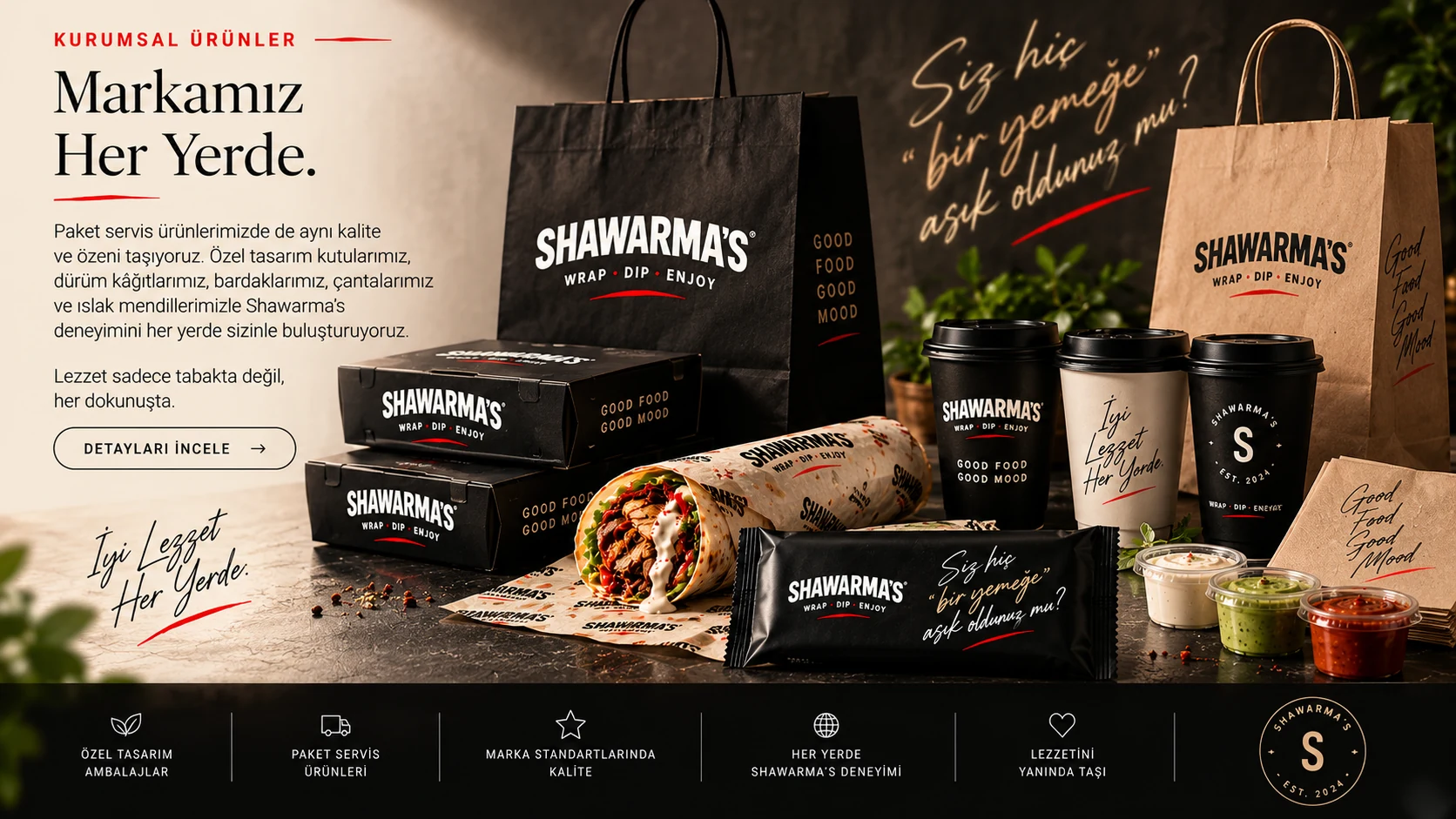 Shawarma's paket servis kutuları dürüm ambalajları ve kurumsal ürünler