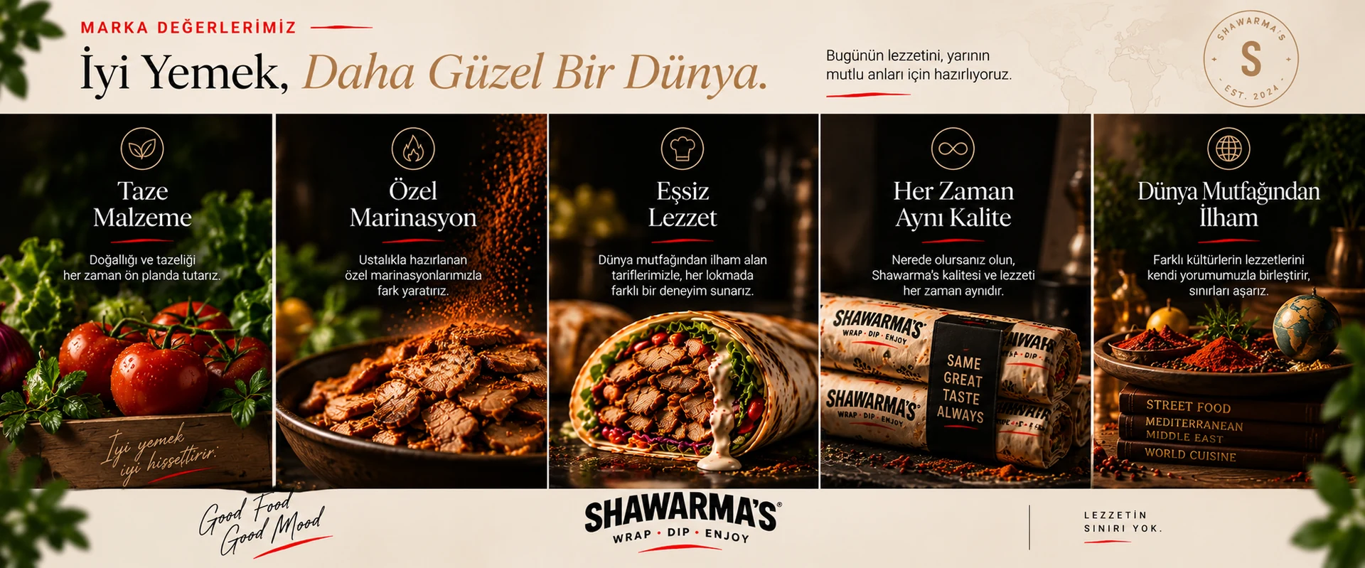 Shawarma's marka değerleri taze malzeme özel marinasyon ve kalite